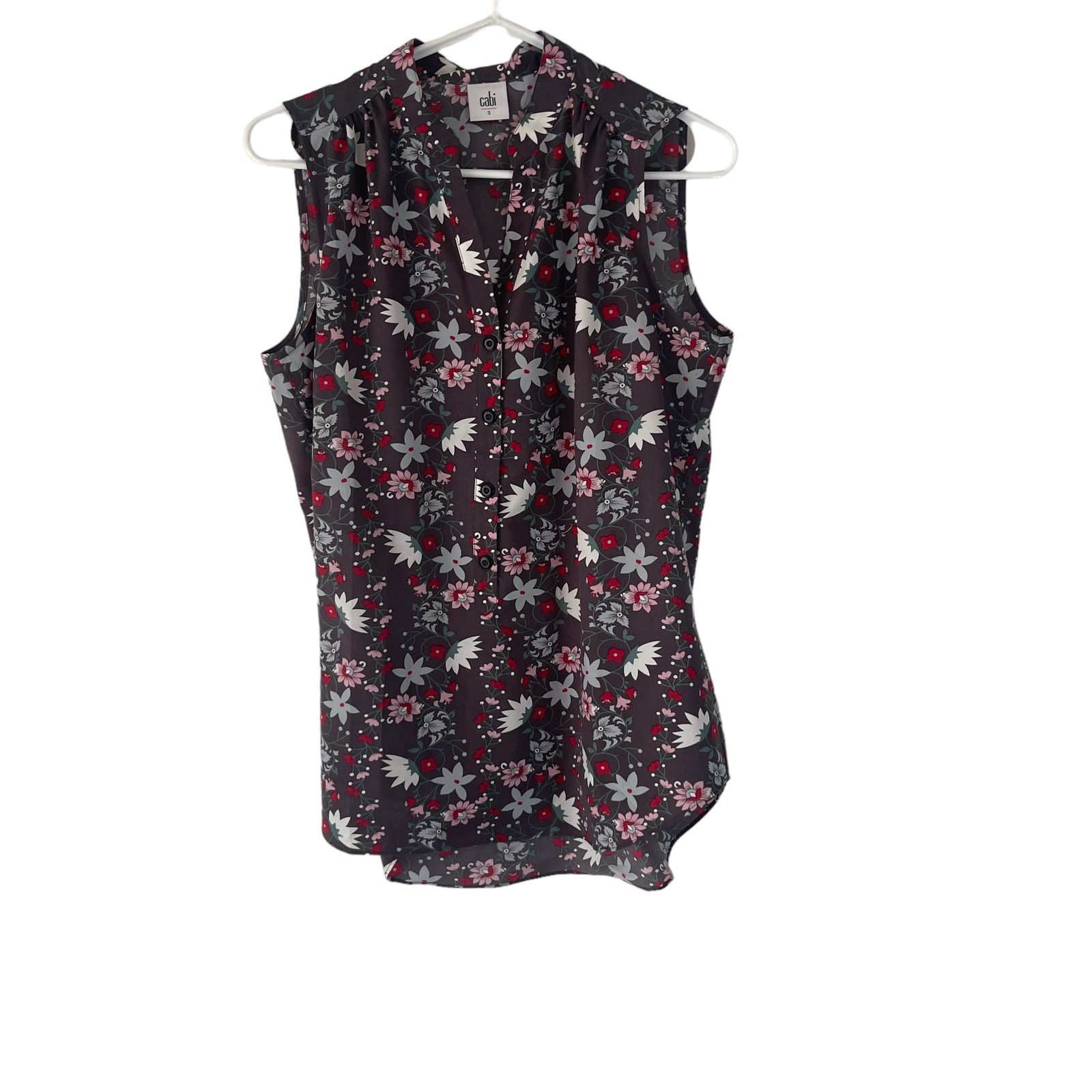 Cabi Women's Size Small Grey Floral Sleeveless Blouse